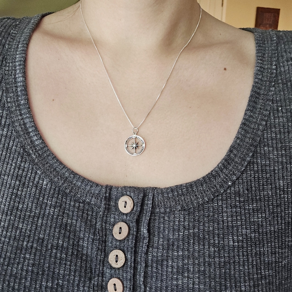 New Solid 925 Sterling Silver Compass Necklace - image 2